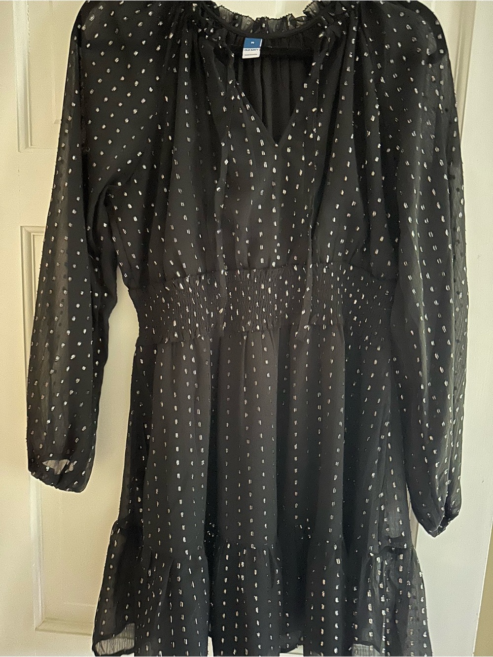 Old Navy Black Sheer Long-Sleeve Smocked Waist Dress with Silver Dot Print
